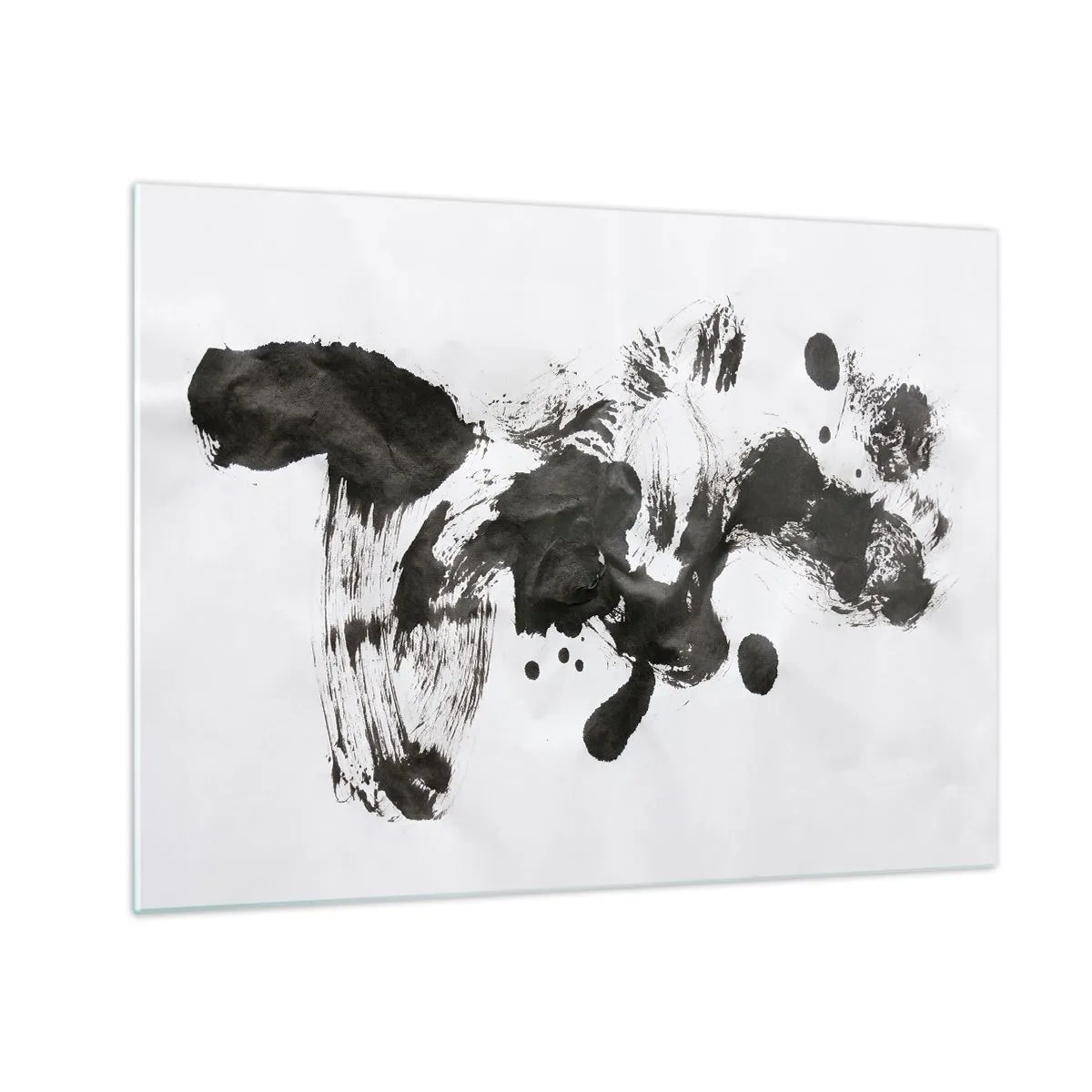 Üveg kép - Absztrakt fekete folt és ecsetvonások fehér alapon - 70x50cm - Módszer az őrületben? - Modern fali dekoráció nappalihoz és hálószobához ARTTOR