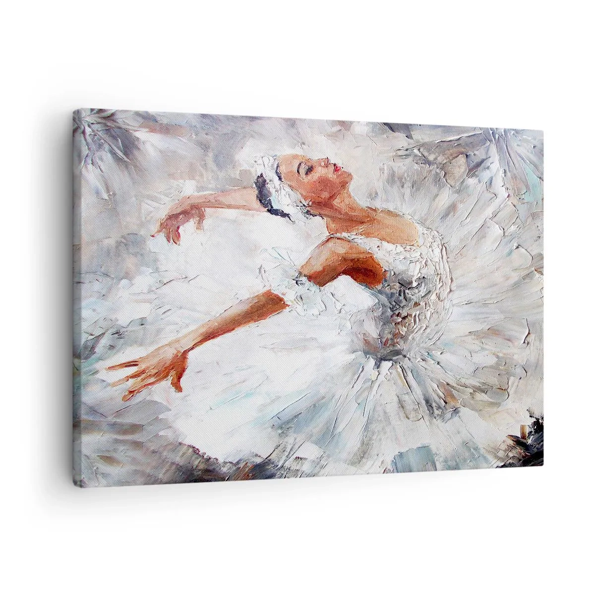 Vászonkép - Egy fehér ruhás balerina táncol - 70x50cm - Finom és könnyű, mint a tüll - Modern fali dekoráció nappalihoz és hálószobához ARTTOR