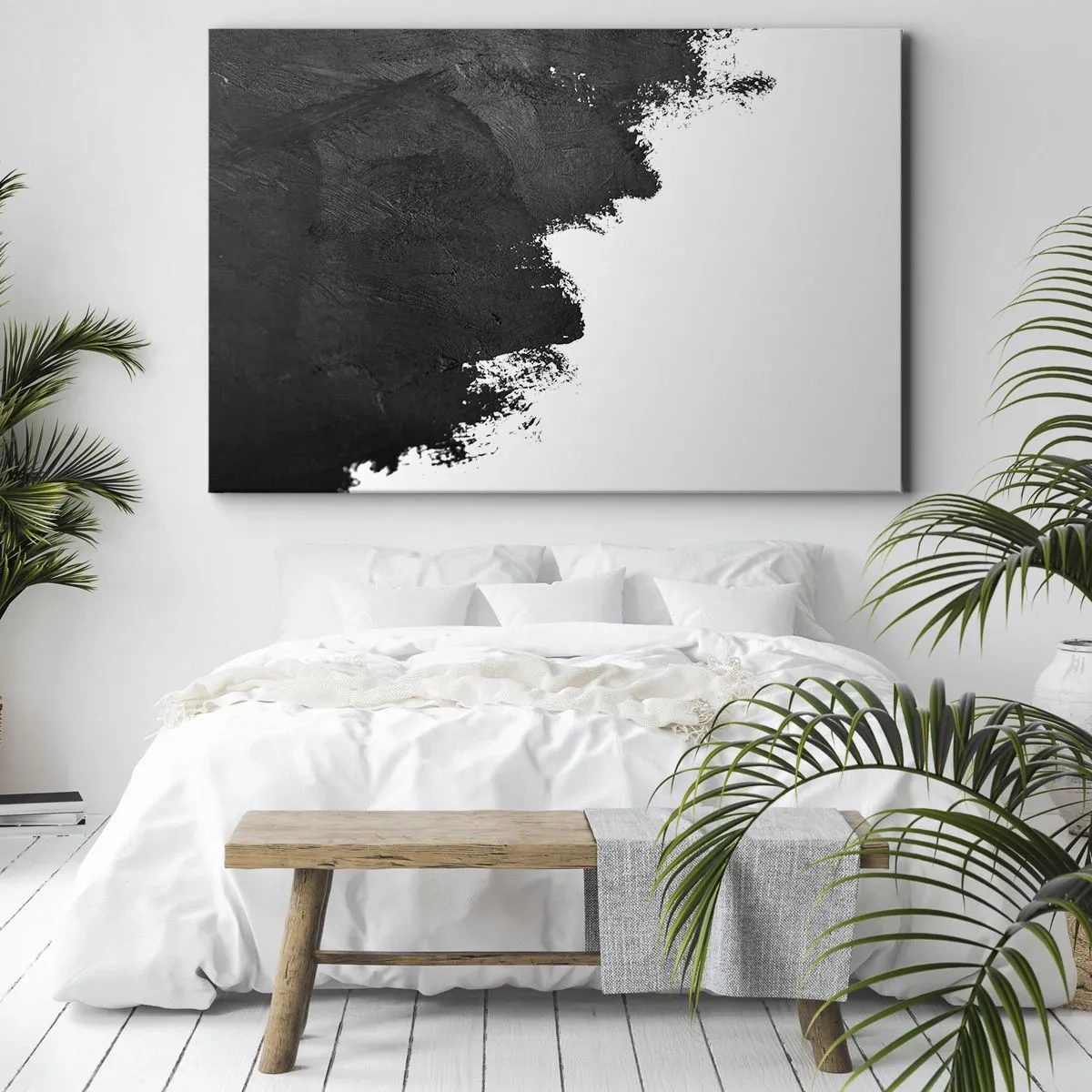 Vászonkép - Fekete-fehér absztrakció kontrasztos ecsetvonásokkal - 70x50cm - Elemek: föld - Modern fali dekoráció nappalihoz és hálószobához ARTTOR