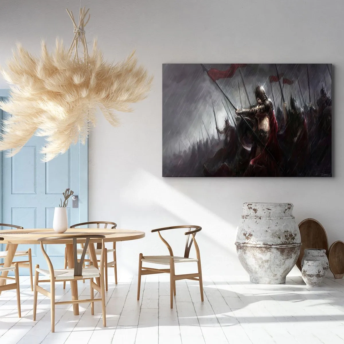 Vászonkép - Lovagok vonulnak a csatatérre az esőben - 70x50cm - Járókelő, mondd el a Spartának... - Modern fali dekoráció nappalihoz és hálószobához ARTTOR