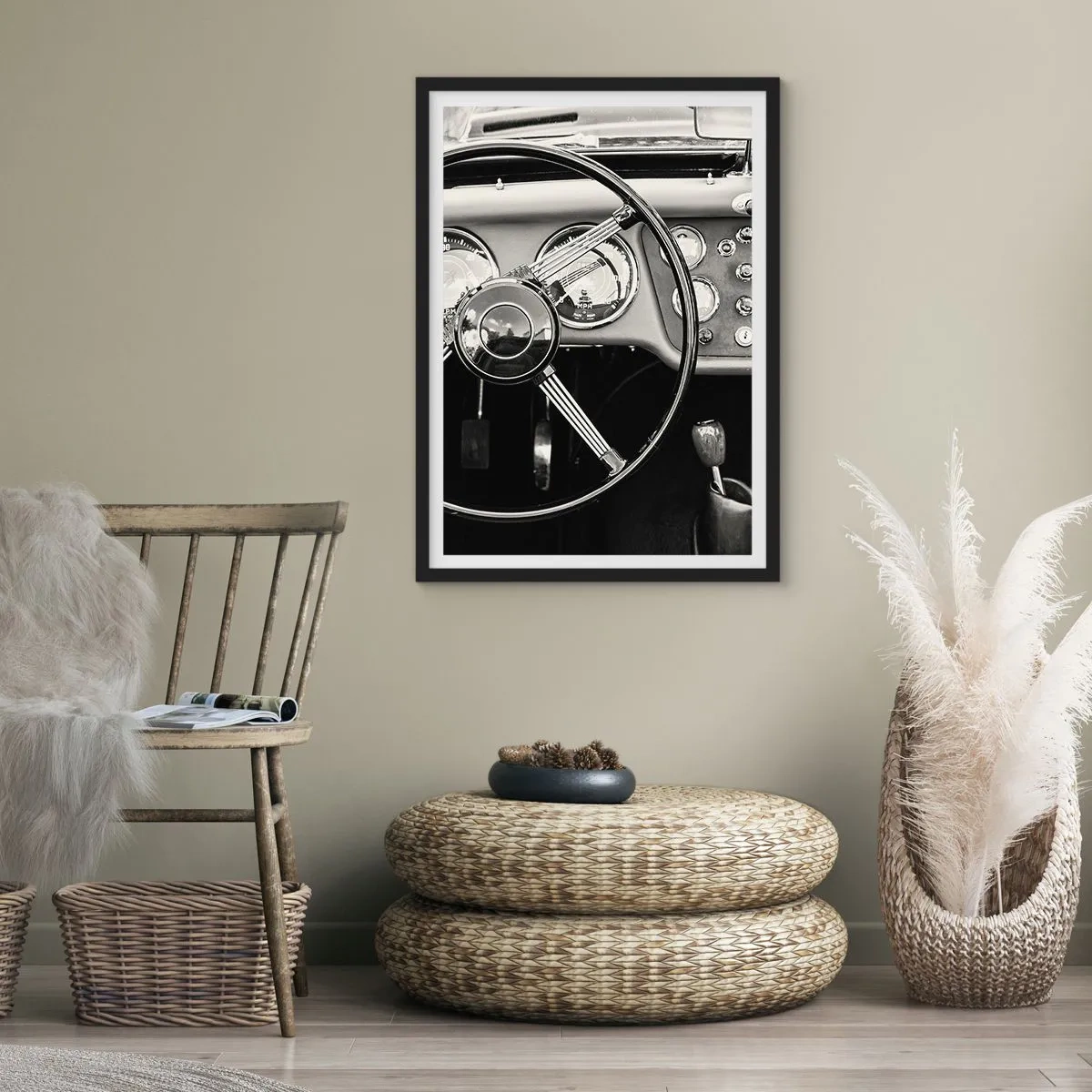 Poszter fehér keretben - Egy veterán autó belseje monokróm stílusban - 50x70cm - Gyűjtő álma - Modern fali dekoráció nappalihoz és hálószobához ARTTOR
