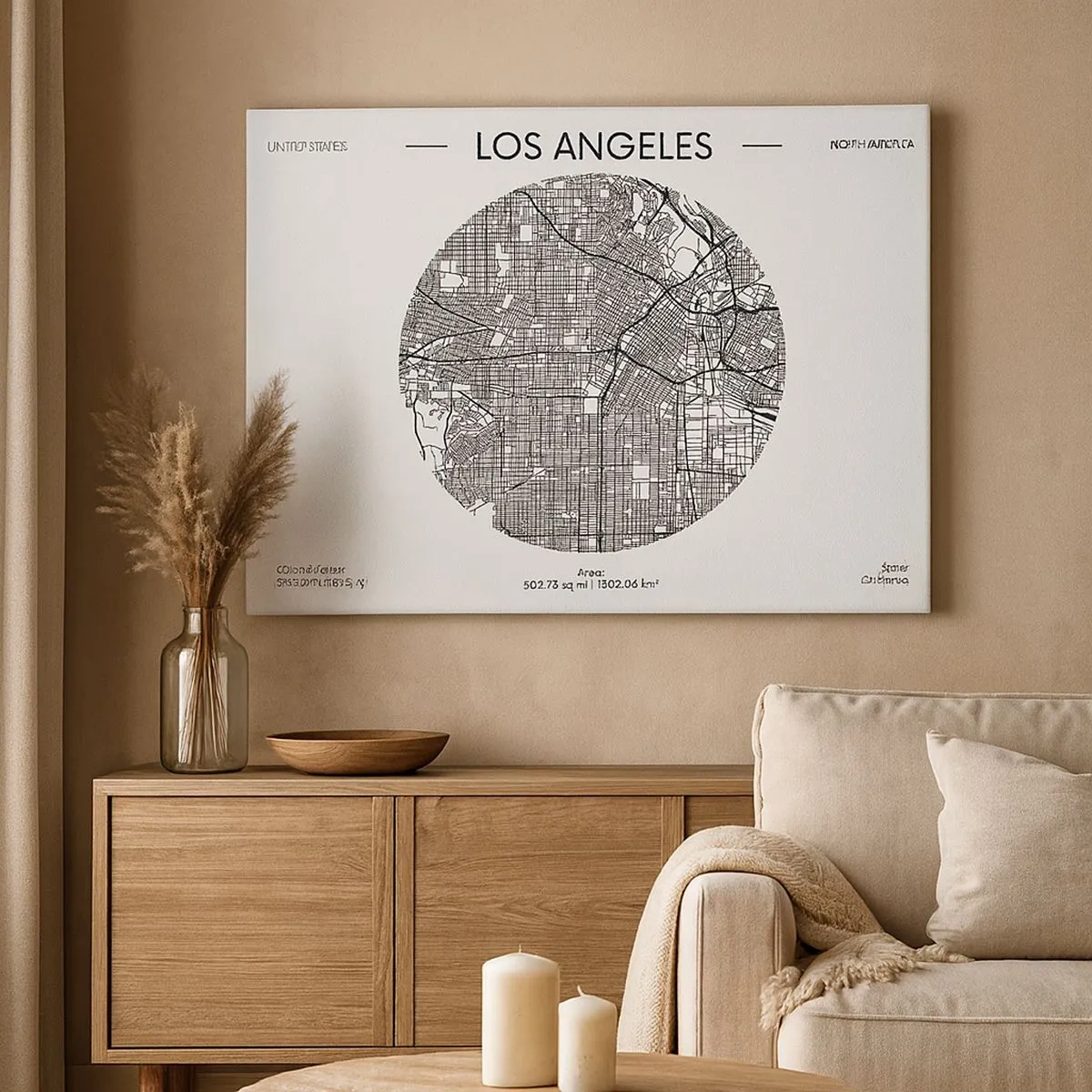 Vászonkép - Los Angeles térképe minimalista fekete-fehér stílusban - 70x50cm - Los Angeles anatómiája - Modern fali dekoráció nappalihoz és hálószobához ARTTOR