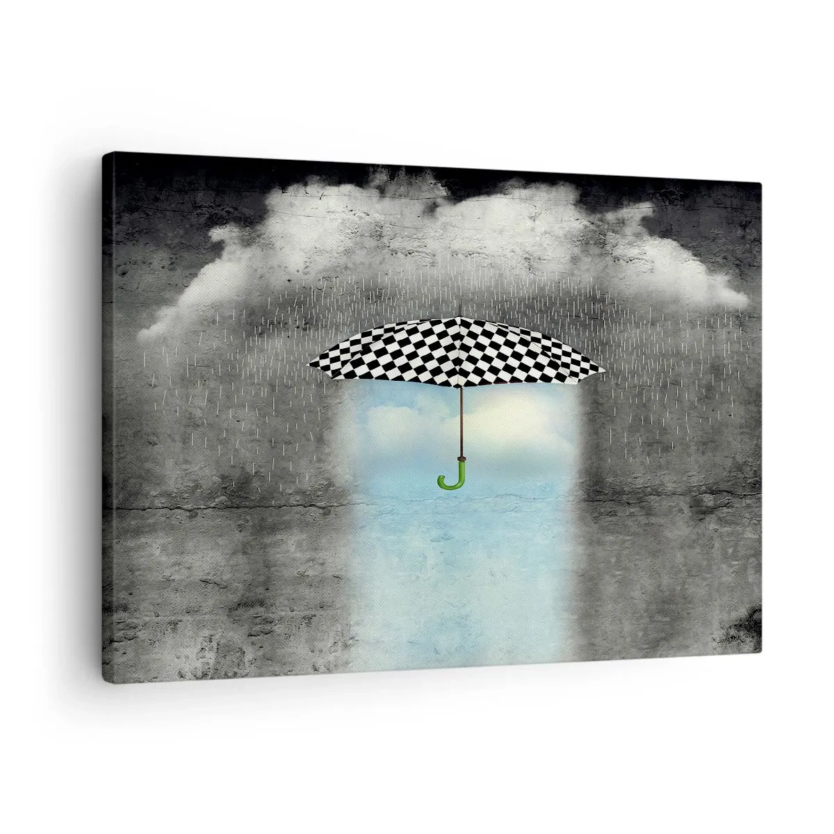 Vászonkép - Kockás esernyő egy esős táj felett - 70x50cm - Mégis lehetséges - Modern fali dekoráció nappalihoz és hálószobához ARTTOR