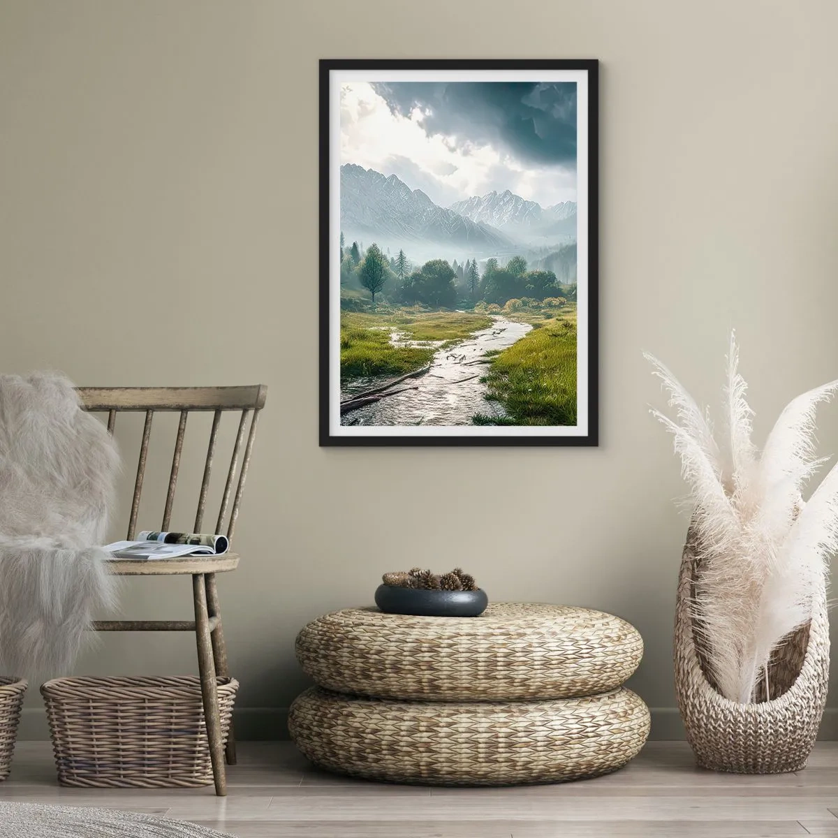 Poszter fehér keretben - Egy hegyi völgy folyóval és fenséges hegyekkel a háttérben - 50x70cm - Oda és vissza - Modern fali dekoráció nappalihoz és hálószobához ARTTOR