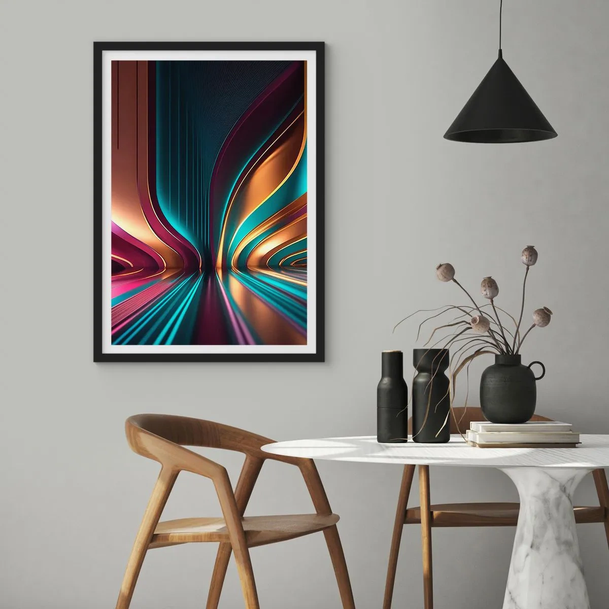 Poszter fehér keretben - Futurisztikus absztrakció arany és türkiz színekben - 50x70cm - A fény építészete - Modern fali dekoráció nappalihoz és hálószobához ARTTOR