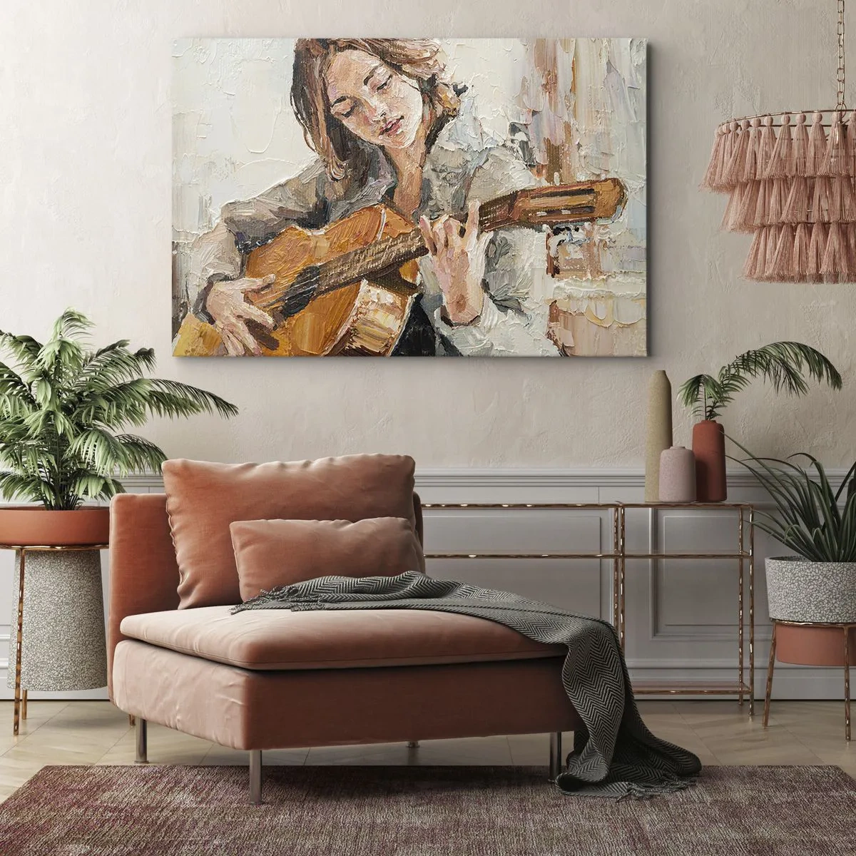 Vászonkép - Portré egy lányról, aki gitározik festői stílusban, meleg színekkel. - 70x50cm - Koncert gitárra és egy lány szívére - Modern fali dekoráció nappalihoz és hálószobához ARTTOR