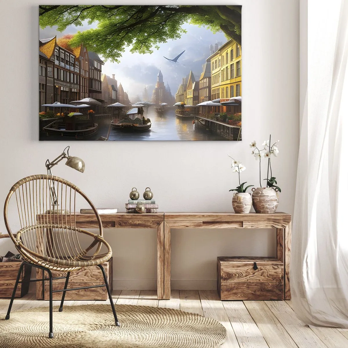 Vászonkép - Festői holland táj csatornával és bérházakkal - 70x50cm - Holland városkép - Modern fali dekoráció nappalihoz és hálószobához ARTTOR