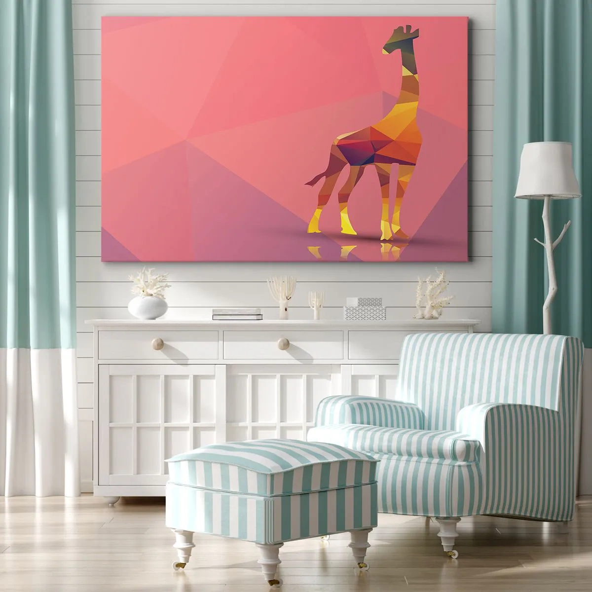 Vászonkép - Geometrikus zsiráf sziluett pasztell rózsaszín és sárga árnyalatokban - 70x50cm - A szavanna színeiben - Modern fali dekoráció nappalihoz és hálószobához ARTTOR