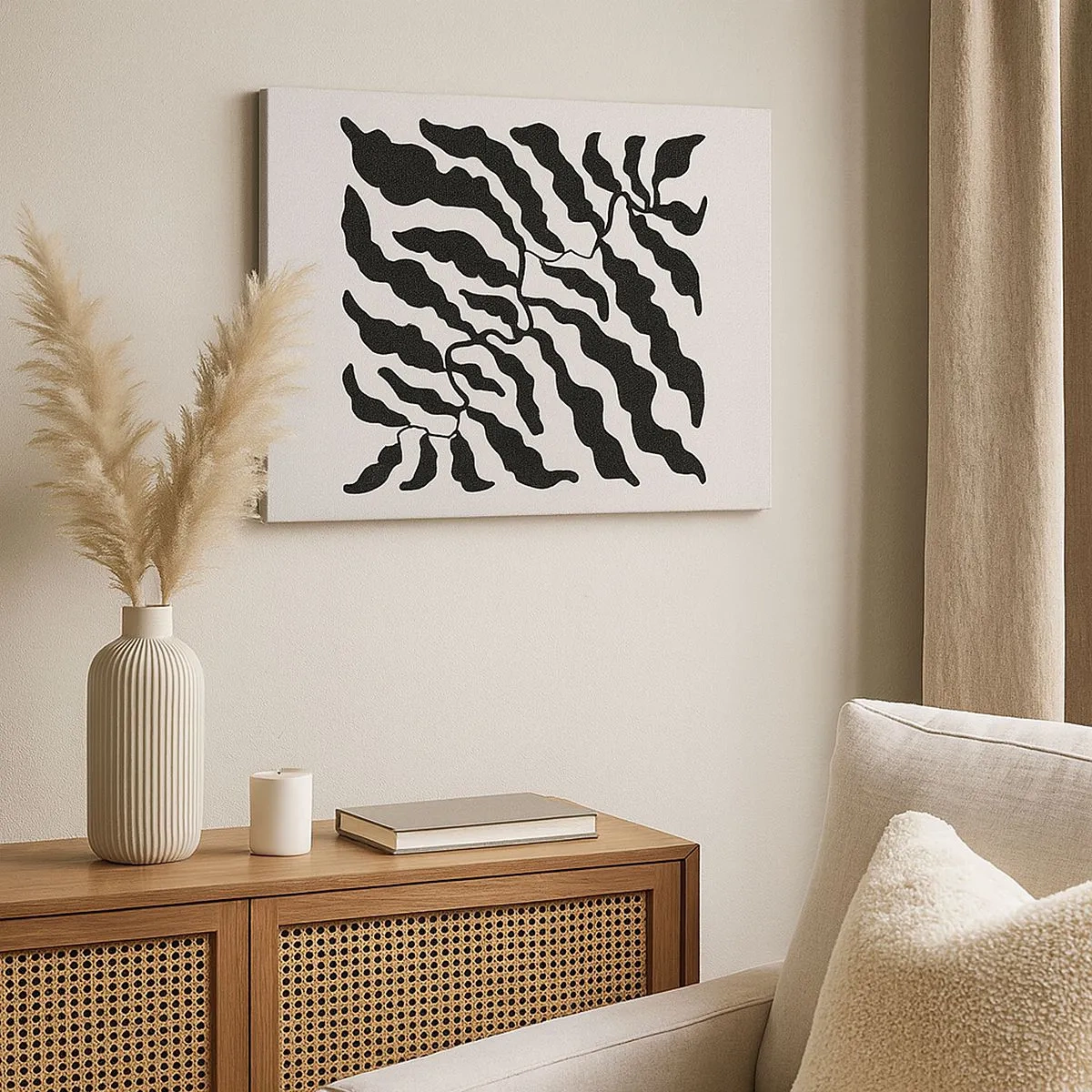 Vászonkép - Világos háttér előtt fekete levelekkel rendelkező gallyak - 70x50cm - A tér természete - Modern fali dekoráció nappalihoz és hálószobához ARTTOR