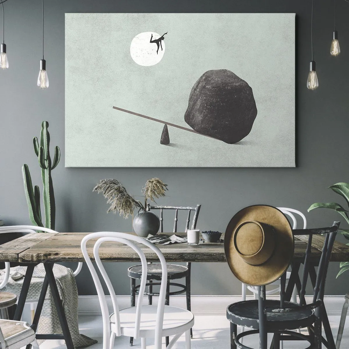 Vászonkép - Egy szimbolikus jelenet egy alakkal és egyensúllyal a ragyogó ég előtt. - 70x50cm - Valóra vált álom. - Modern fali dekoráció nappalihoz és hálószobához ARTTOR