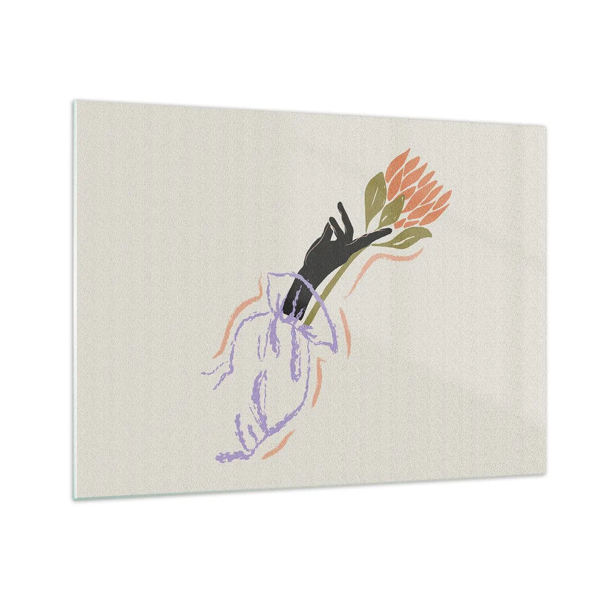 Üveg kép - Egy stilizált kéz, pasztell vonalakkal rajzolt virágcsokorral. - 70x50cm - Egy testvéri érintés - Modern fali dekoráció nappalihoz és hálószobához ARTTOR
