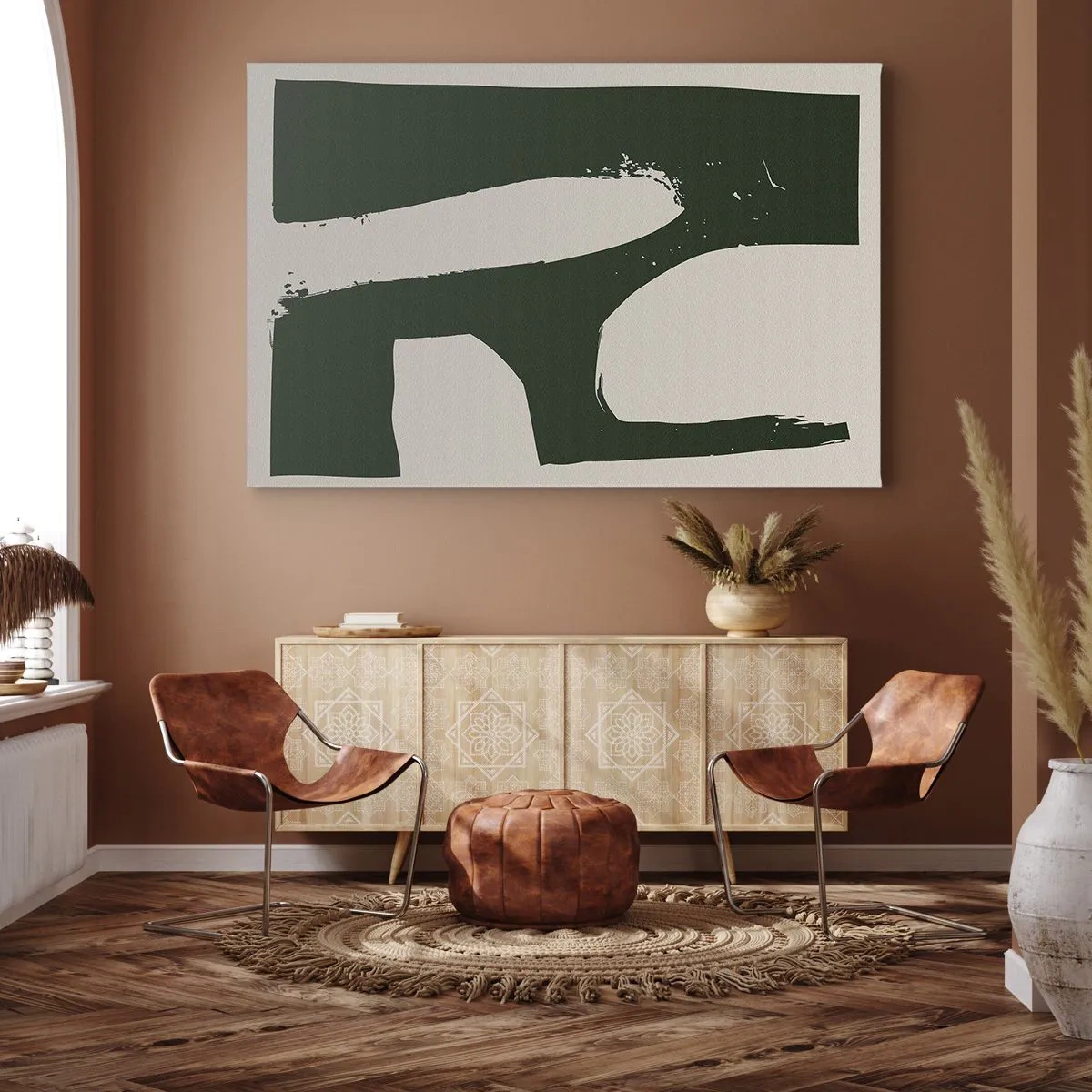 Vászonkép - Minimalista absztrakt zöld színben, világos háttér előtt - 70x50cm - Fehér öblök - Modern fali dekoráció nappalihoz és hálószobához ARTTOR