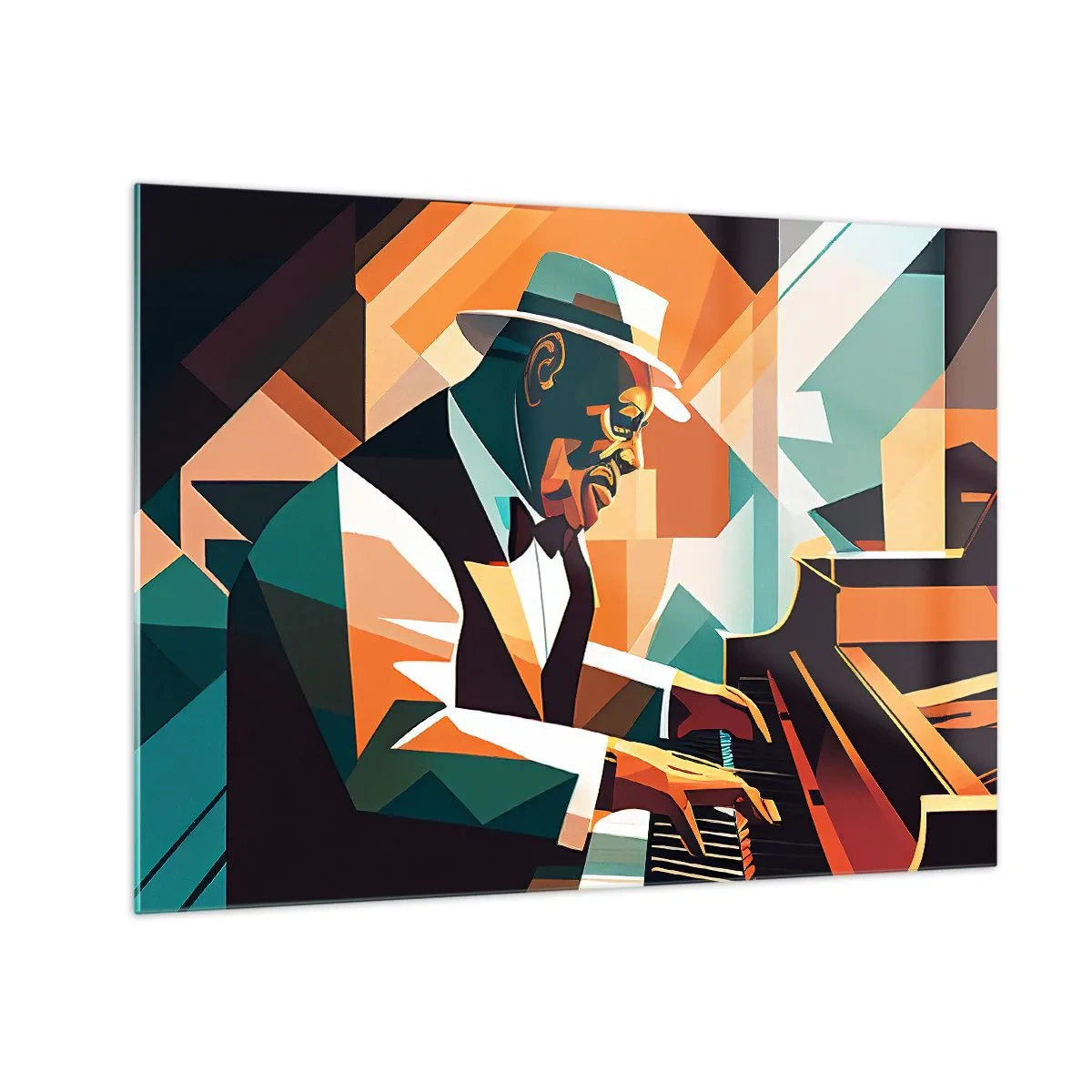 Üveg kép - Egy dzsessz stílusú zongorista színes portréja - 70x50cm - Minden, ami jazz - Modern fali dekoráció nappalihoz és hálószobához ARTTOR