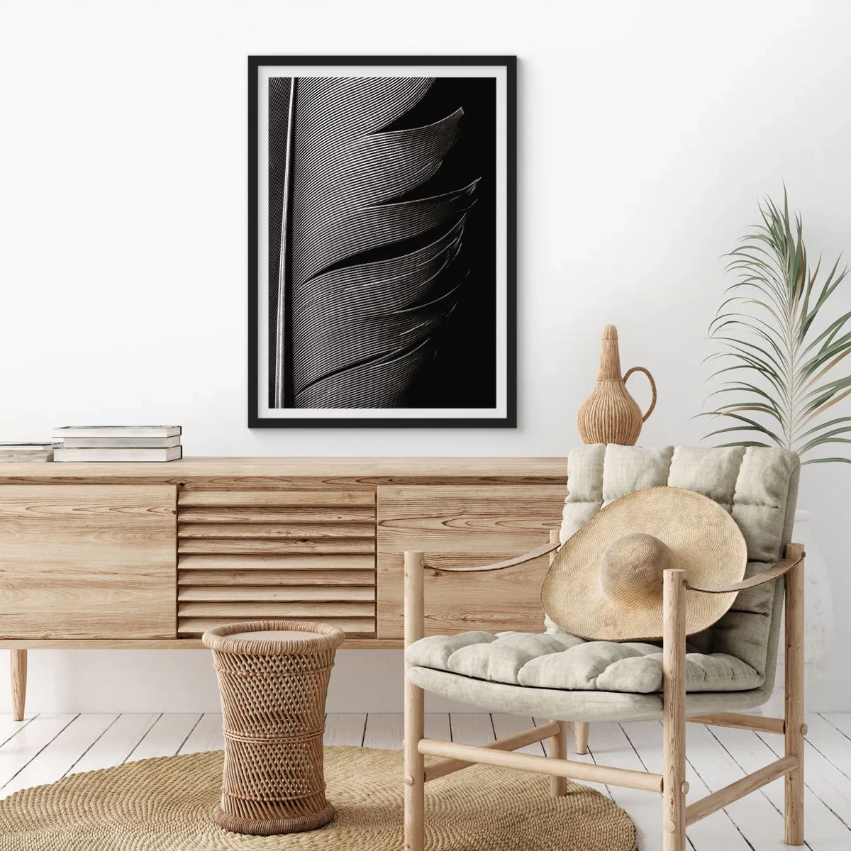 Poszter fehér keretben - Minimalista feldolgozás egy fekete-fehér tollpihéről - 50x70cm - Toll - egy csodálatos konstrukció - Modern fali dekoráció nappalihoz és hálószobához ARTTOR