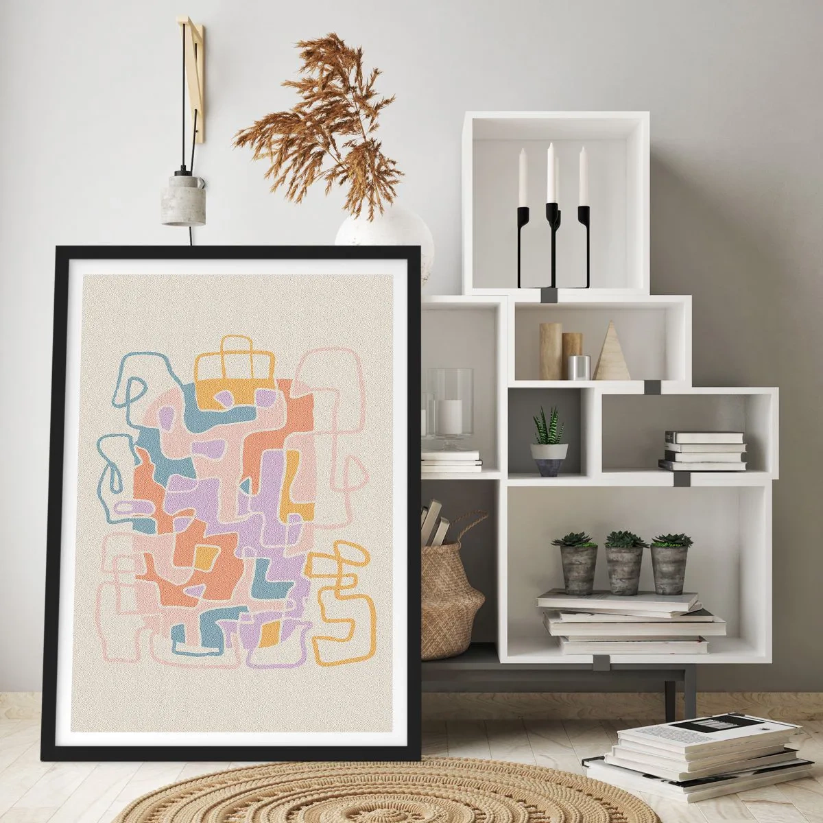 Poszter fehér keretben - Színes absztrakció szabálytalan vonalakkal világos háttéren - 50x70cm - Labirintus - egy örömteli kaland - Modern fali dekoráció nappalihoz és hálószobához ARTTOR