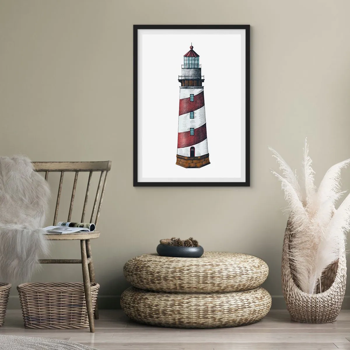 Poszter fehér keretben - Klasszikus stílusú világítótorony illusztráció - 50x70cm - Mindig résen - Modern fali dekoráció nappalihoz és hálószobához ARTTOR