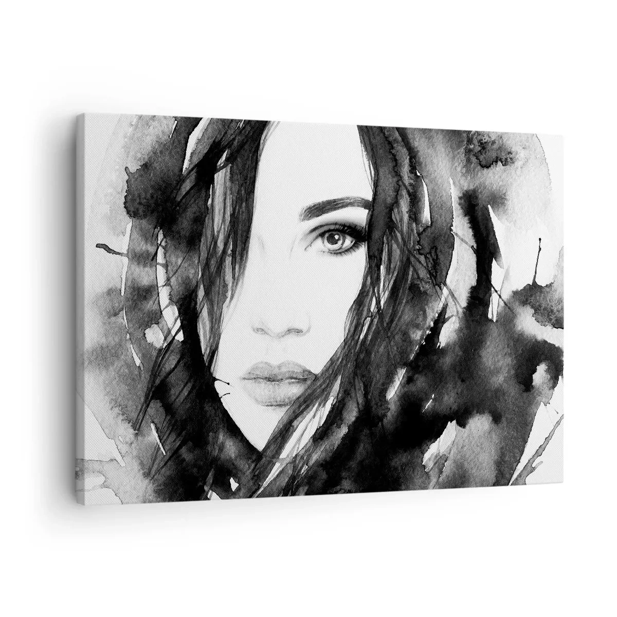 Vászonkép - Nő portréja fekete-fehér akvarellben - 70x50cm - Fekete-fehér hölgy portréja - Modern fali dekoráció nappalihoz és hálószobához ARTTOR
