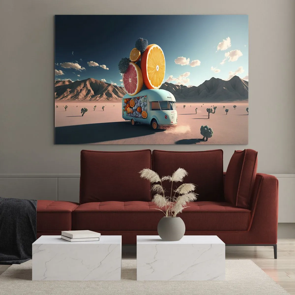 Üveg kép - Türkizkék lakókocsi gyümölccsel a sivatagi táj hátterében - 70x50cm - A nyaralás íze - Modern fali dekoráció nappalihoz és hálószobához ARTTOR