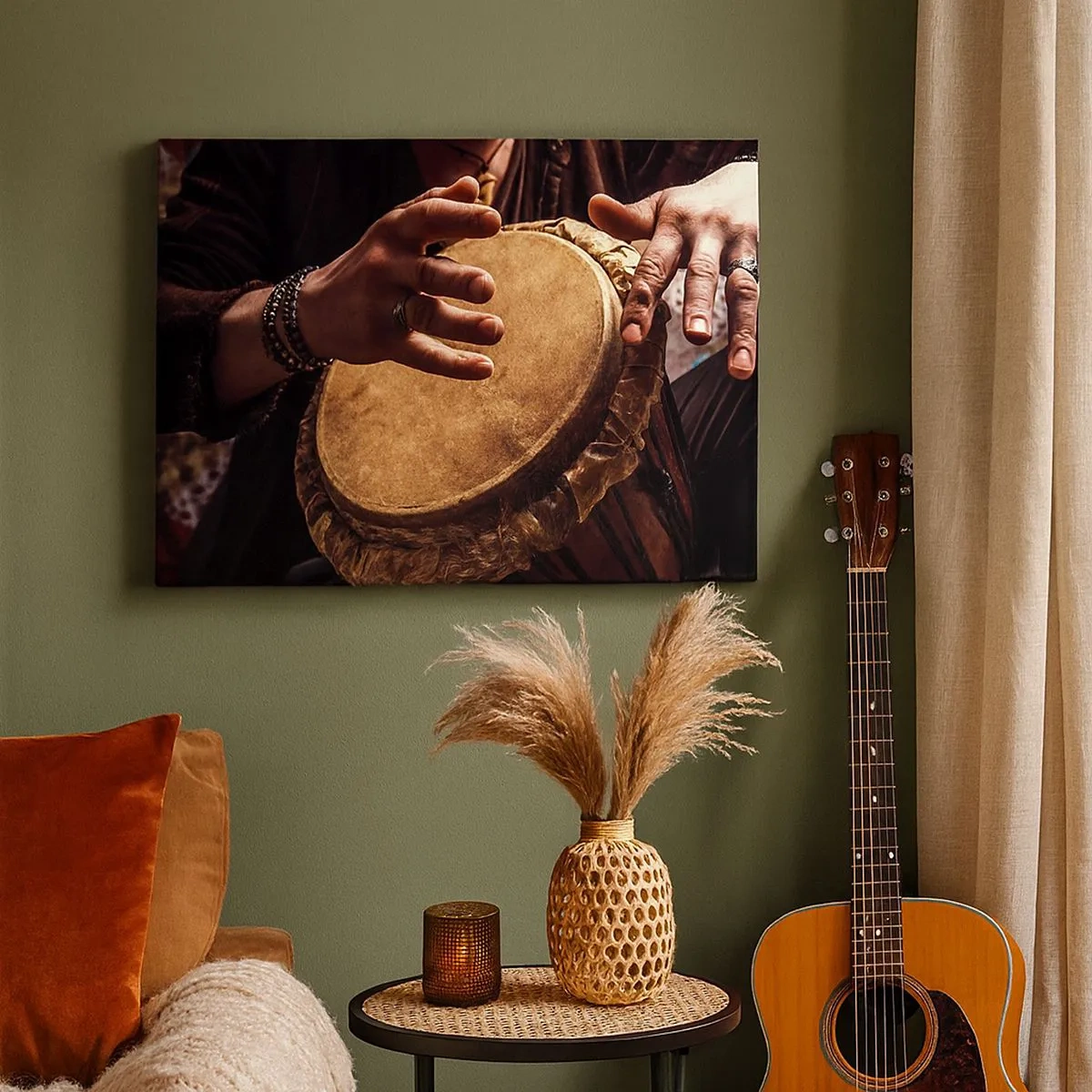 Vászonkép - Kezek játszanak egy hagyományos djembe dobon - 70x50cm - A szív ritmusában - Modern fali dekoráció nappalihoz és hálószobához ARTTOR