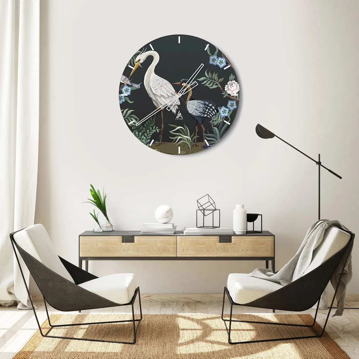 Falióra, Óra - Dekoratív madarak növények között sötét háttér előtt - 30x30cm - Madar parádé - Modern fali dekoráció nappalihoz, konyhához és hálószobához ARTTOR