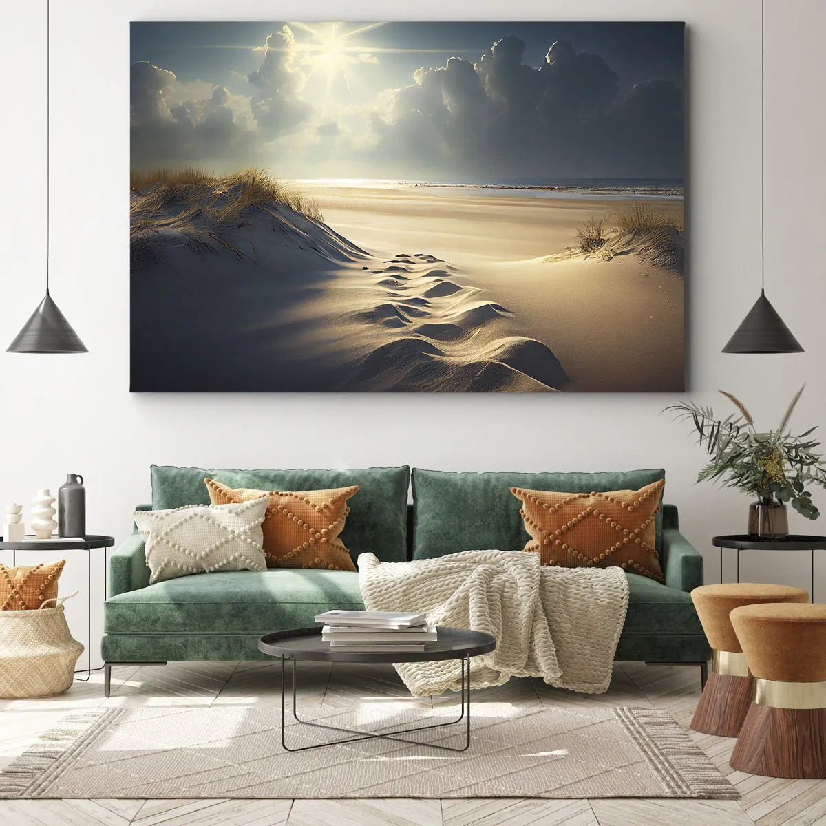 Vászonkép - Arany dűnék a tengerparton naplementekor, kilátással a tengerre - 70x50cm - Megnyugtató táj - Modern fali dekoráció nappalihoz és hálószobához ARTTOR