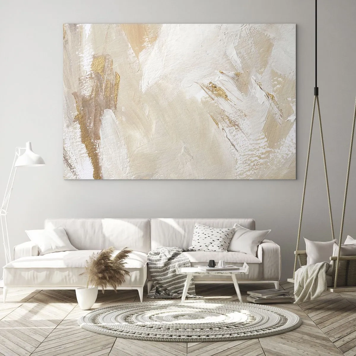 Üveg kép - Bézs és fehér absztrakció arany díszítéssel - 70x50cm - Pasztell kompozíció - Modern fali dekoráció nappalihoz és hálószobához ARTTOR