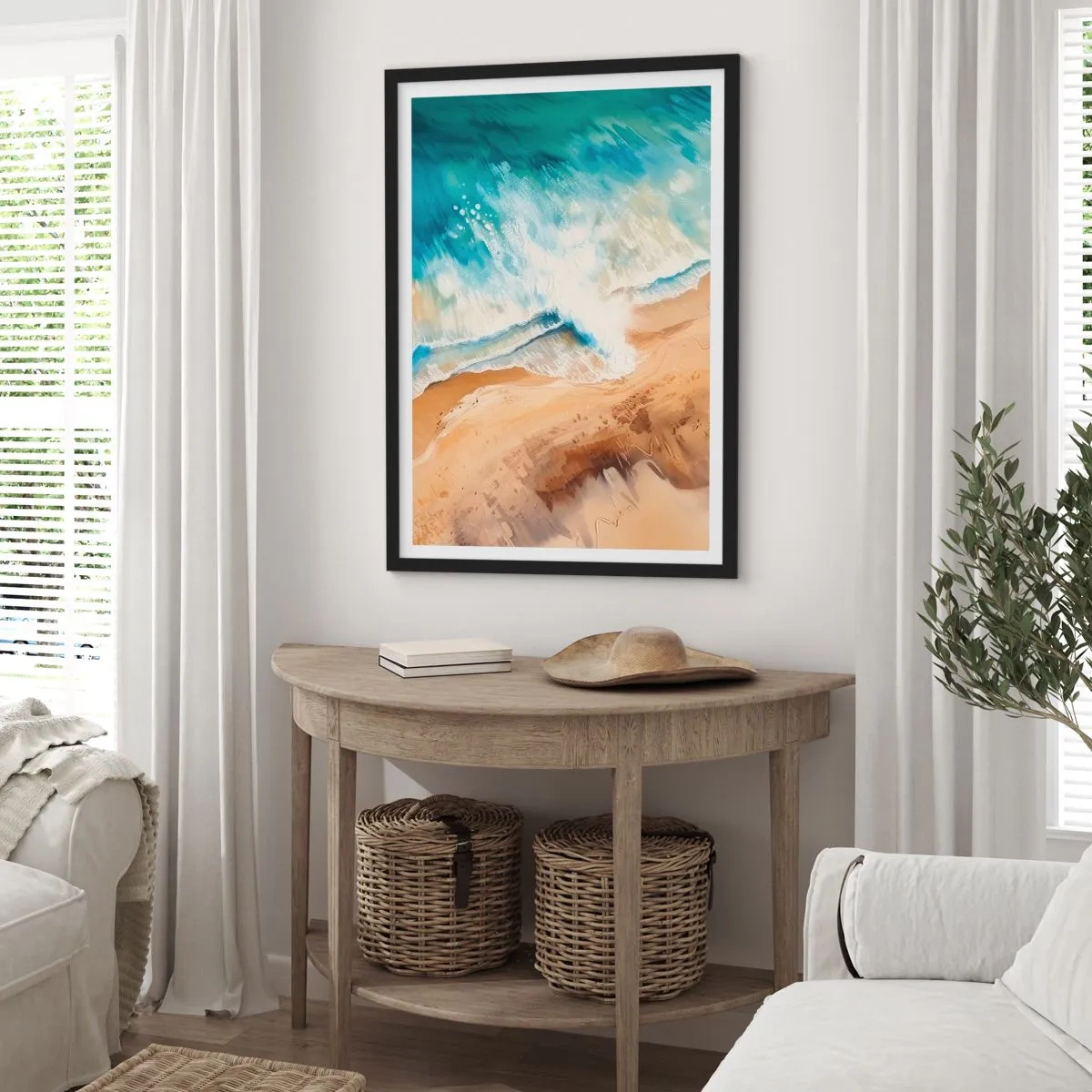 Poszter fehér keretben - Egy absztrakt jelenet egy hullámról, amely a partra csapódik türkiz és homok árnyalataiban. - 50x70cm - Visszatérő hullám - Modern fali dekoráció nappalihoz és hálószobához ARTTOR
