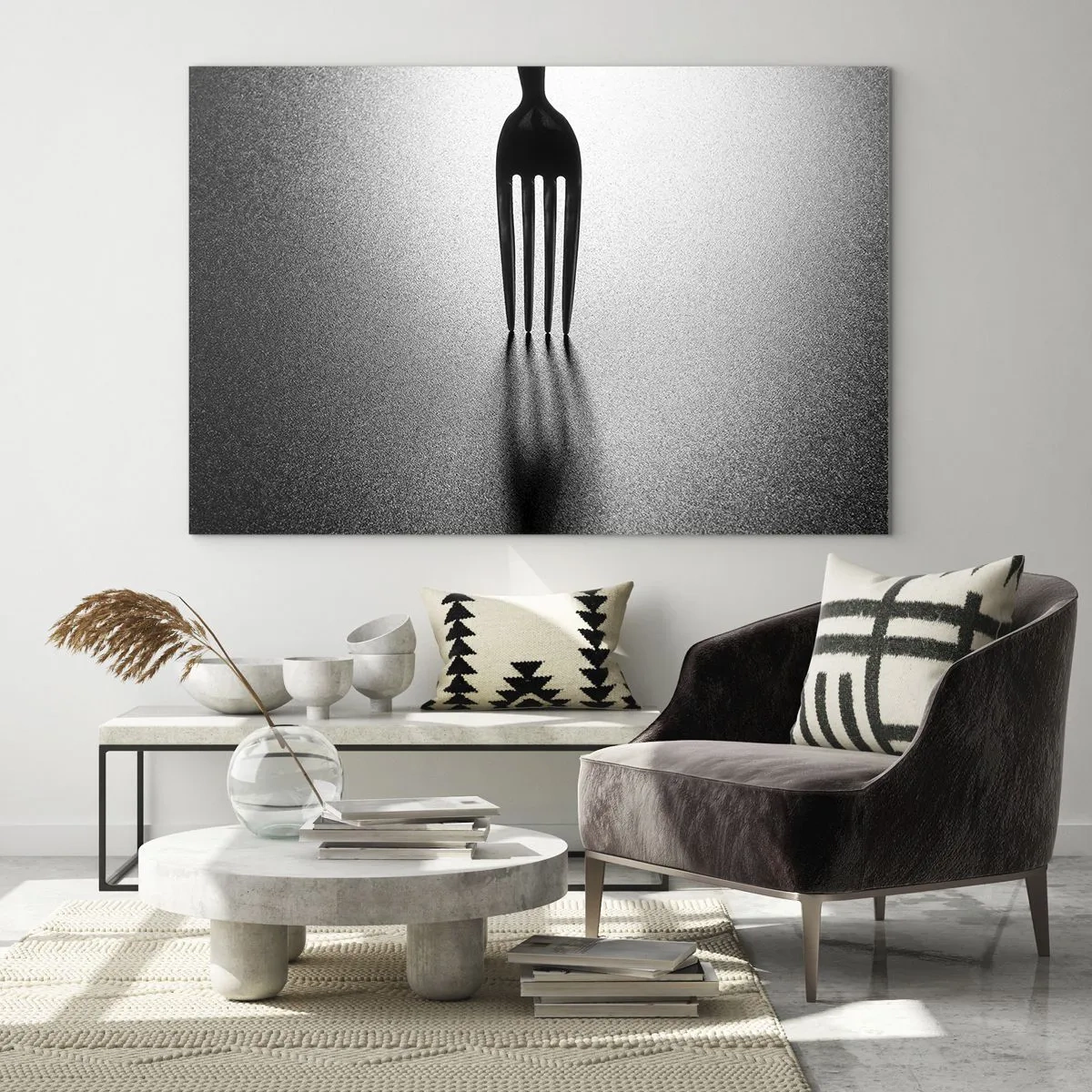 Üveg kép - Egy villa árnyékot vet minimalista fekete-fehér kompozícióban - 70x50cm - Fény és árnyék - Modern fali dekoráció nappalihoz és hálószobához ARTTOR