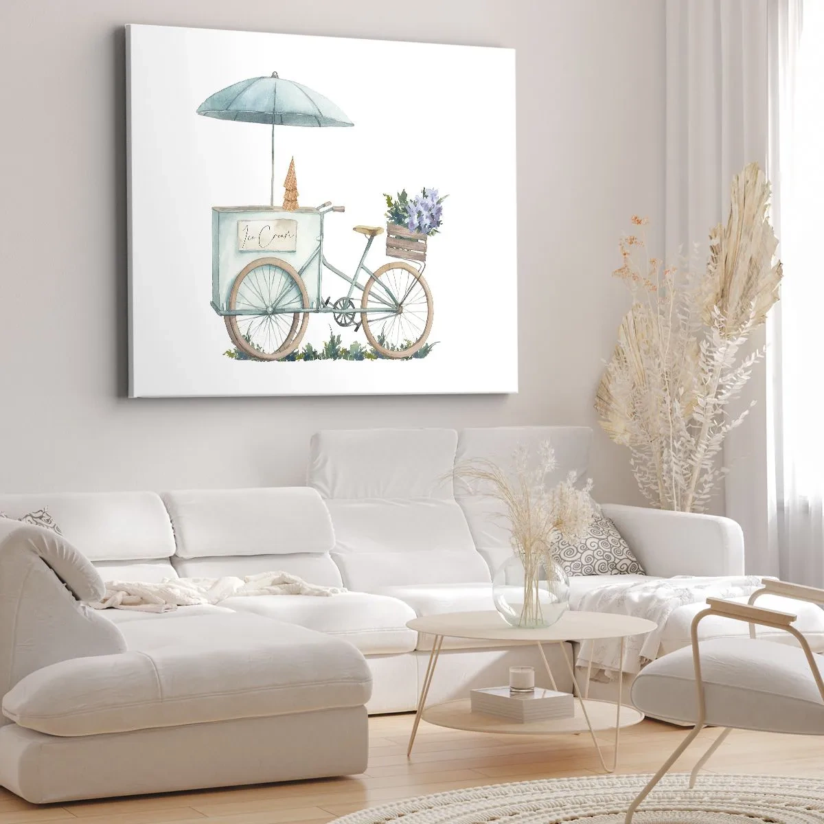 Vászonkép - Egy bicikli fagylalttal és virágokkal egy finom pasztellszínű esernyő alatt - 70x50cm - A nyár édes emléke - Modern fali dekoráció nappalihoz és hálószobához ARTTOR
