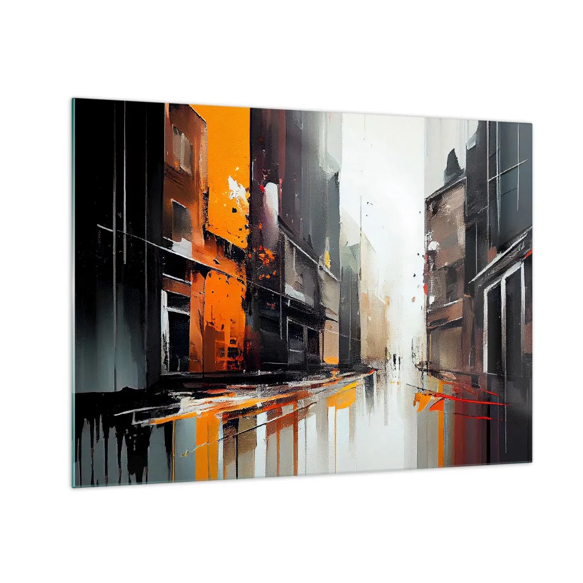 Üveg kép - Egy utca az esőben, magas épületekkel, meleg színekkel - 70x50cm - Esős nap - Modern fali dekoráció nappalihoz és hálószobához ARTTOR