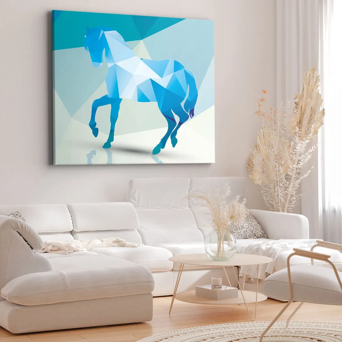 Vászonkép - Ló geometrikus sziluettje kék árnyalatokban - 70x50cm - Geometrikus ló türkizben - Modern fali dekoráció nappalihoz és hálószobához ARTTOR