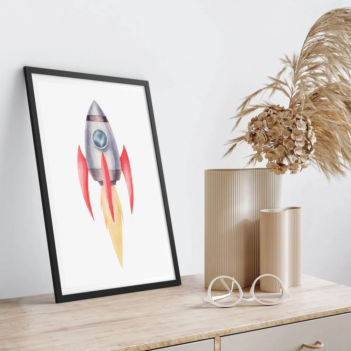 Poszter fehér keretben - Akvarell stílusú űrrakéta - 50x70cm - Magasabbra, gyorsabban, messzebbre - Modern fali dekoráció nappalihoz és hálószobához ARTTOR
