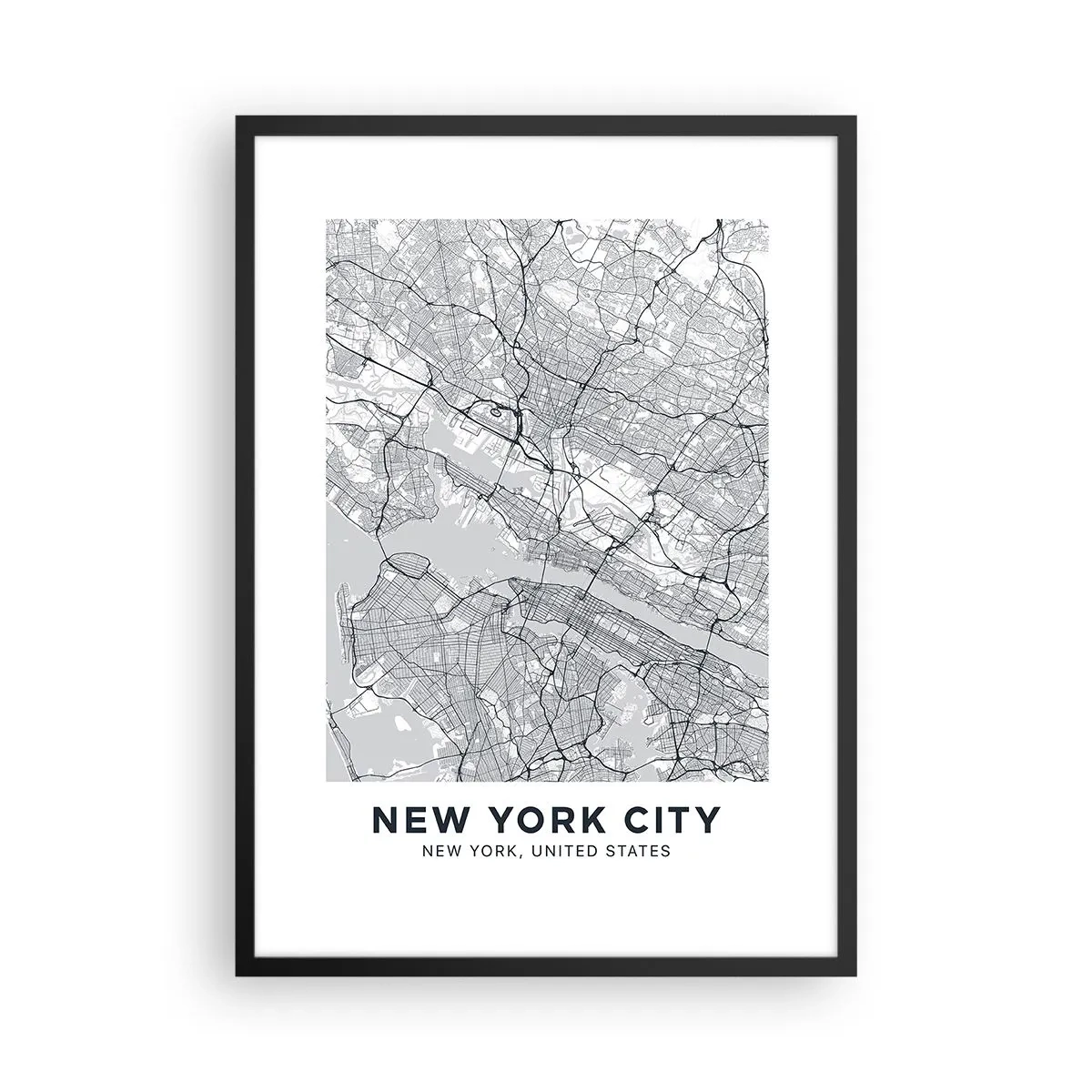 Poszter fehér keretben - Egy minimalista New York-i térkép - 50x70cm - Metropolisz anatómiája - Modern fali dekoráció nappalihoz és hálószobához ARTTOR