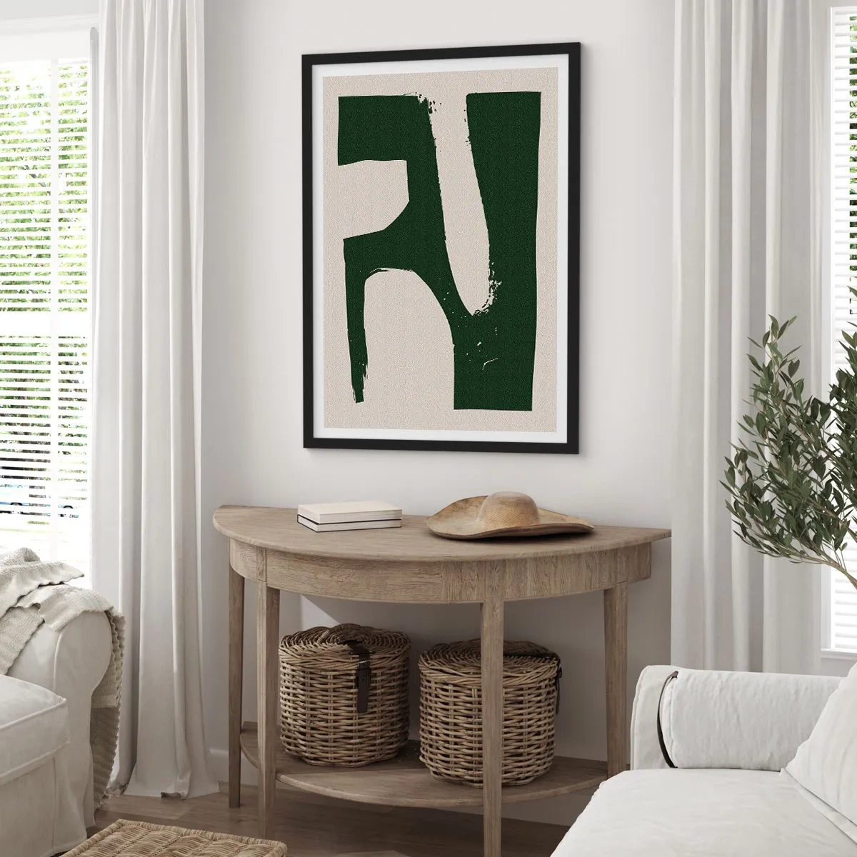 Poszter fehér keretben - Minimalista absztrakció zöld és bézs színben - 50x70cm - Fehér öblök - Modern fali dekoráció nappalihoz és hálószobához ARTTOR