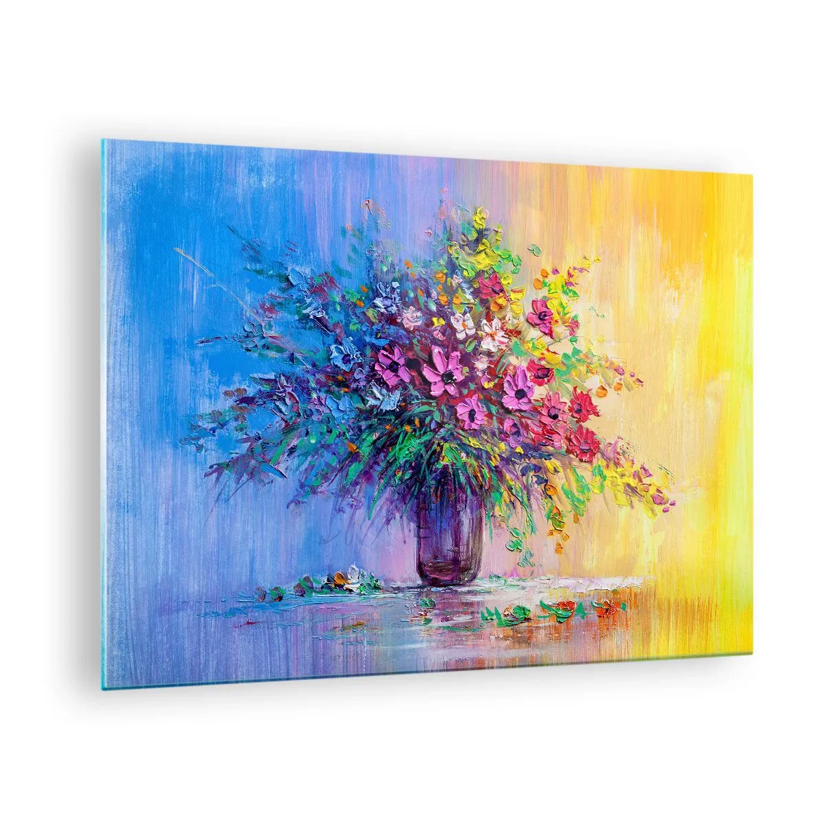 Üveg kép - Egy színes virágcsokor vázában, absztrakt háttérrel - 70x50cm - A rét nyári ajándéka - Modern fali dekoráció nappalihoz és hálószobához ARTTOR
