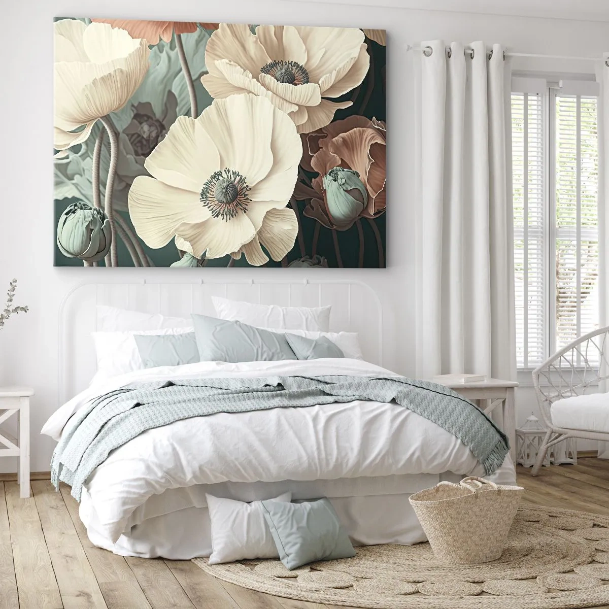 Vászonkép - Elegáns virágok pasztell árnyalatokban zöld háttéren - 70x50cm - Pipacsok suttogása - Modern fali dekoráció nappalihoz és hálószobához ARTTOR
