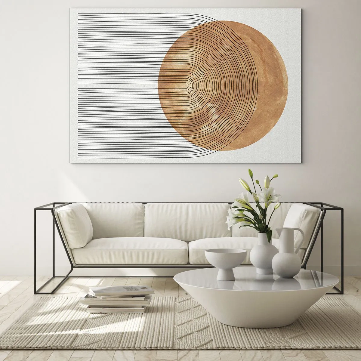 Üveg kép - Geometriai forma koncentrikus vonalakkal és arany körrel - 70x50cm - Egy napsütéses kompozíció - Modern fali dekoráció nappalihoz és hálószobához ARTTOR
