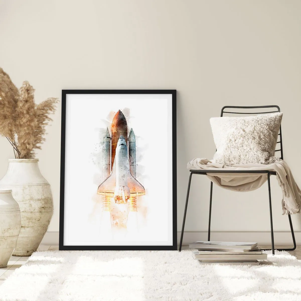 Poszter fehér keretben - Akvarell stílusú űrsikló felszállás - 50x70cm - Felfedezők az elején - Modern fali dekoráció nappalihoz és hálószobához ARTTOR