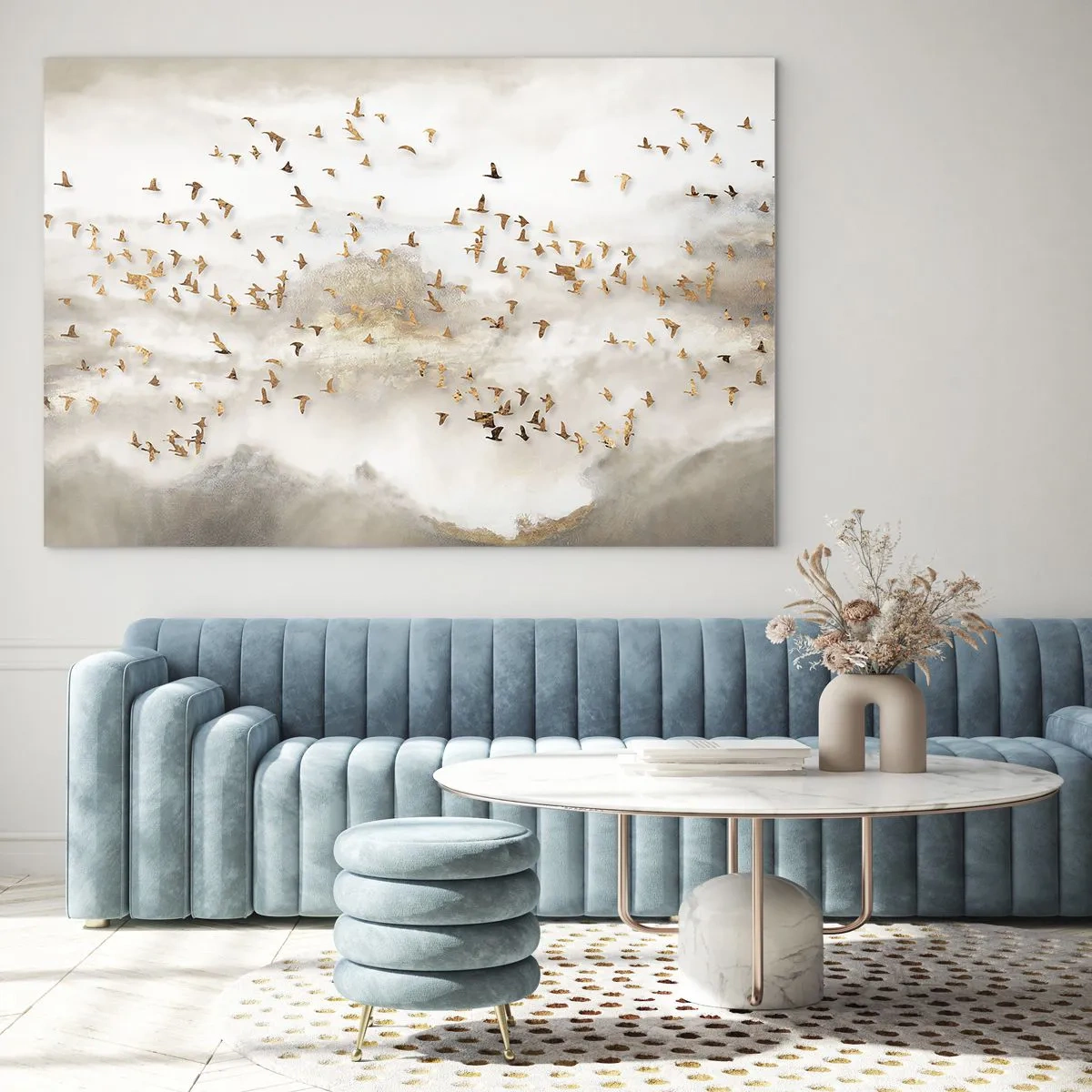Üveg kép - Egy madárraj repül egy ködös táj felett - 70x50cm - Itt az idő... - Modern fali dekoráció nappalihoz és hálószobához ARTTOR