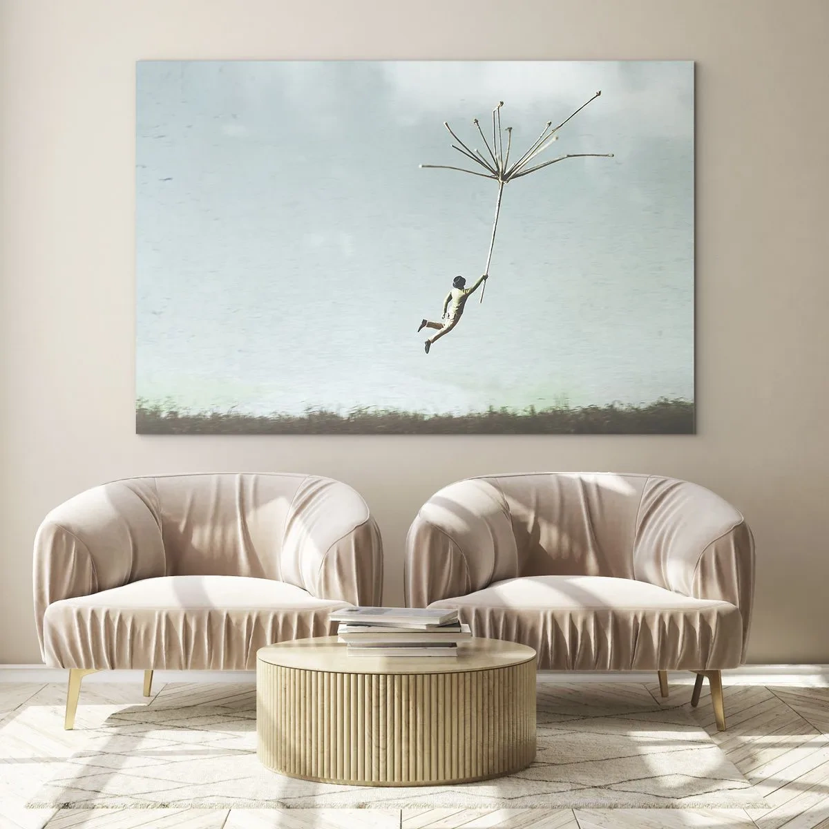 Üveg kép - Egy fiú pitypangmaggal repül a rét felett - 70x50cm - Sárkányrepülők, pitypangok, szél - Modern fali dekoráció nappalihoz és hálószobához ARTTOR