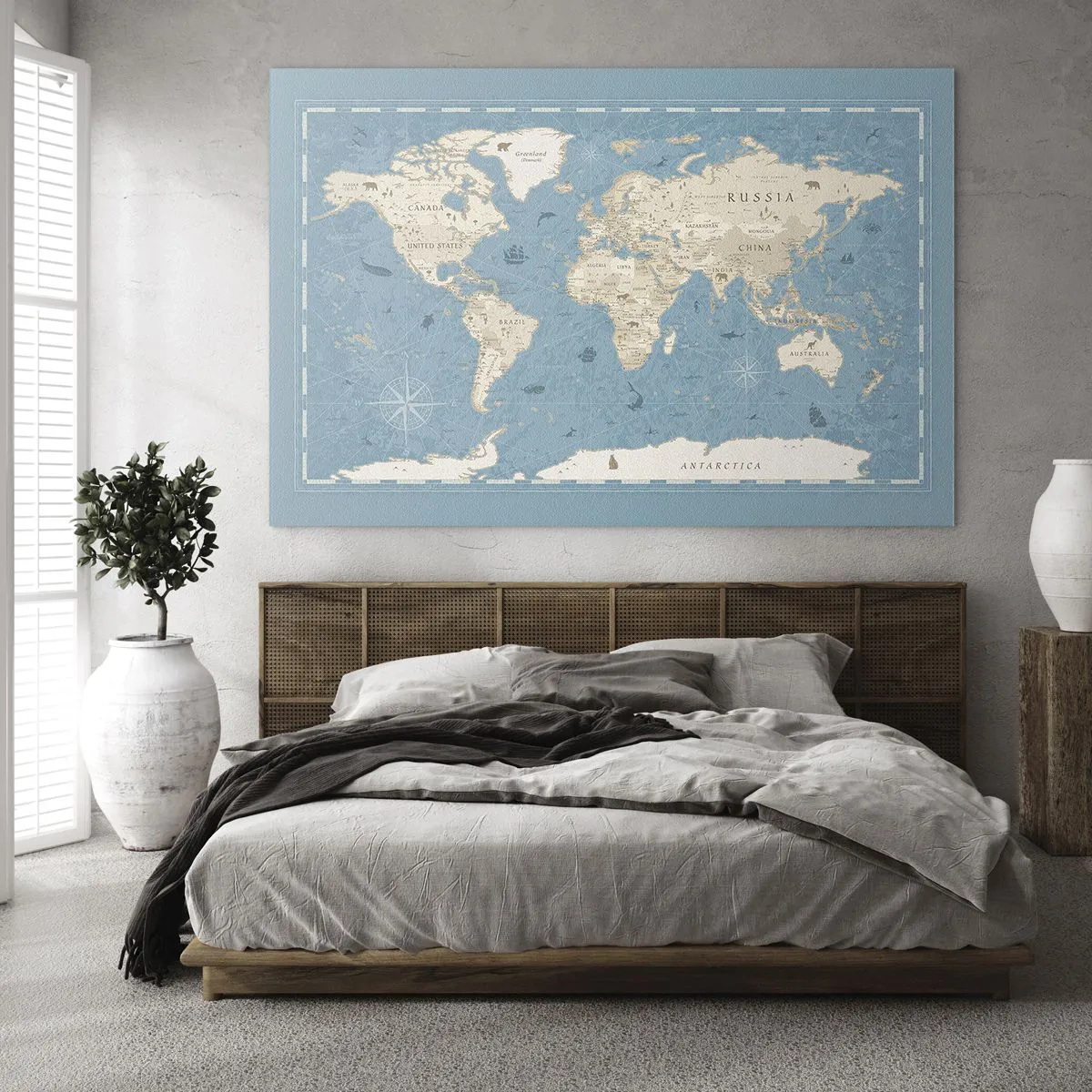 Üveg kép - Stilizált világtérkép kék háttérrel - 70x50cm - Egy világ karnyújtásnyira - Modern fali dekoráció nappalihoz és hálószobához ARTTOR