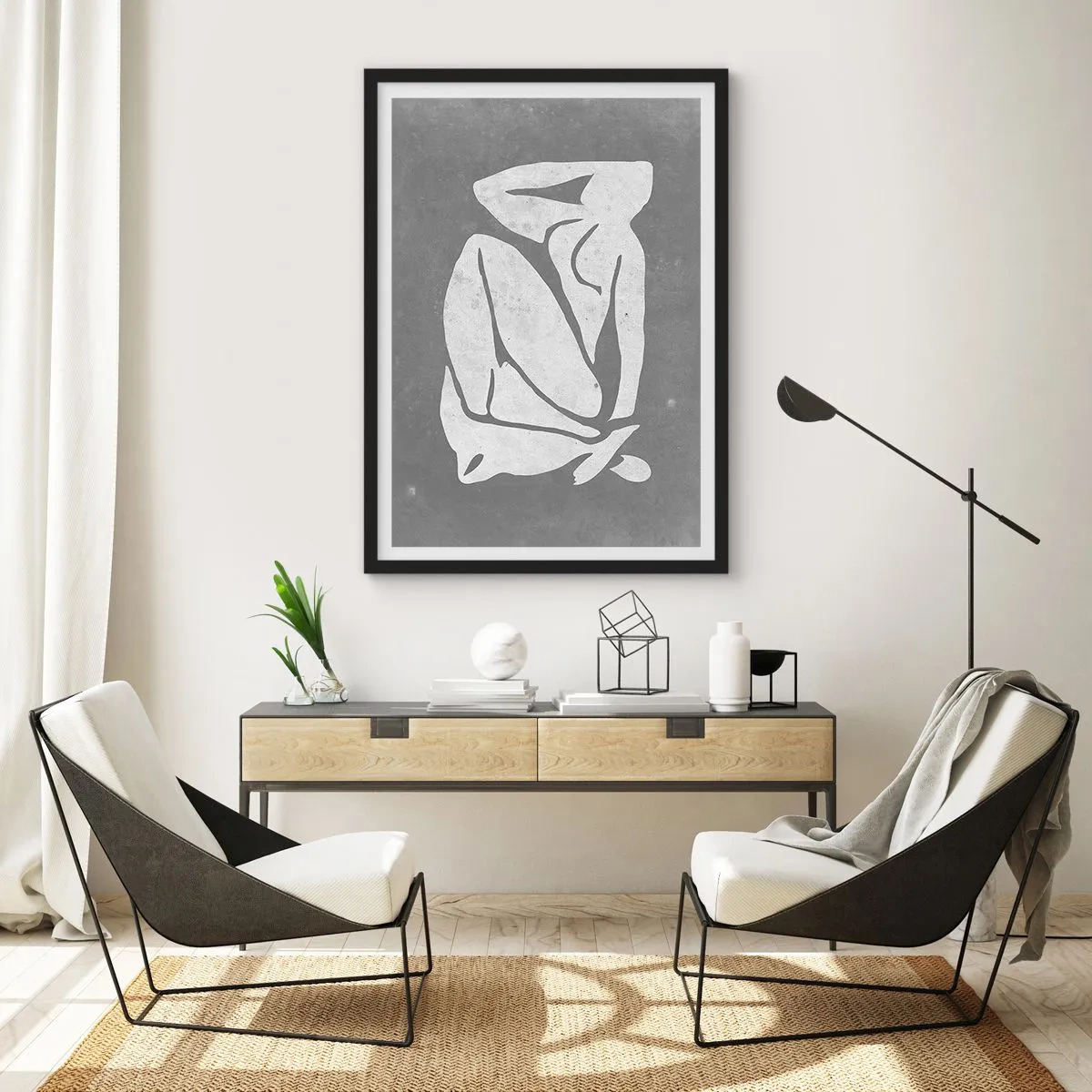 Poszter fehér keretben - Egy minimalista nő sziluettje szürke árnyalatokban - 50x70cm - Álmélkodásban - Modern fali dekoráció nappalihoz és hálószobához ARTTOR