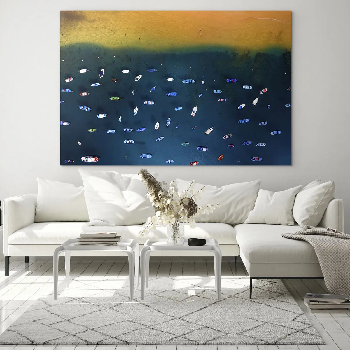 Üveg kép - Hajók türkizkék víz és aranyló part hátterében - 70x50cm - Egy ünnepi játék - Modern fali dekoráció nappalihoz és hálószobához ARTTOR