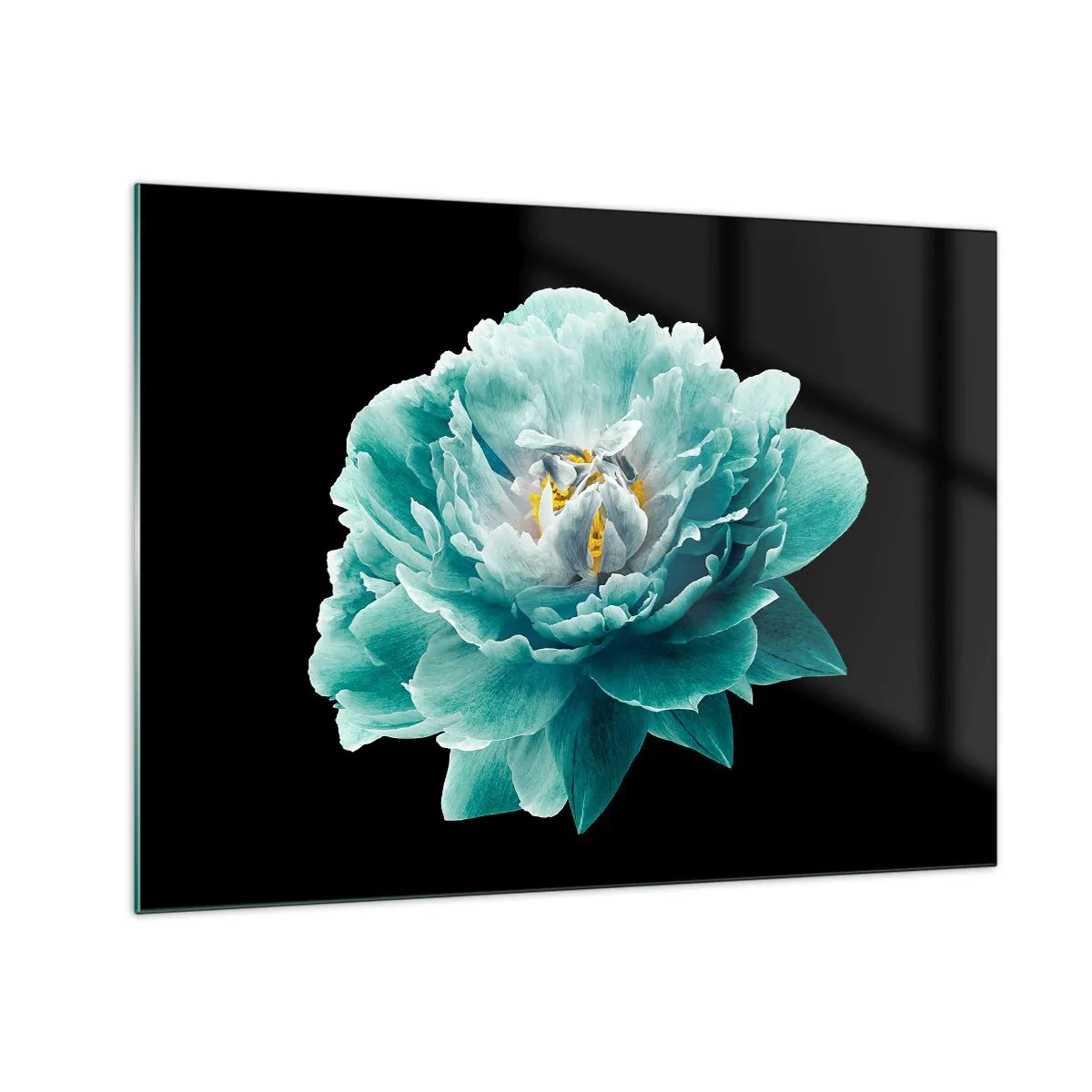 Üveg kép - Egy türkiz virág sárga közepű, fekete alapon, elbűvölő stílusban. - 70x50cm - Kék és arany szirmok - Modern fali dekoráció nappalihoz és hálószobához ARTTOR