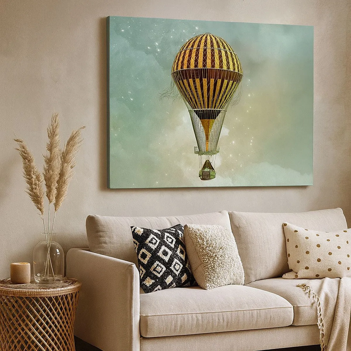 Vászonkép - Egy hőlégballon lebeg a felhők között - 70x50cm - Úttörő járatok - Modern fali dekoráció nappalihoz és hálószobához ARTTOR