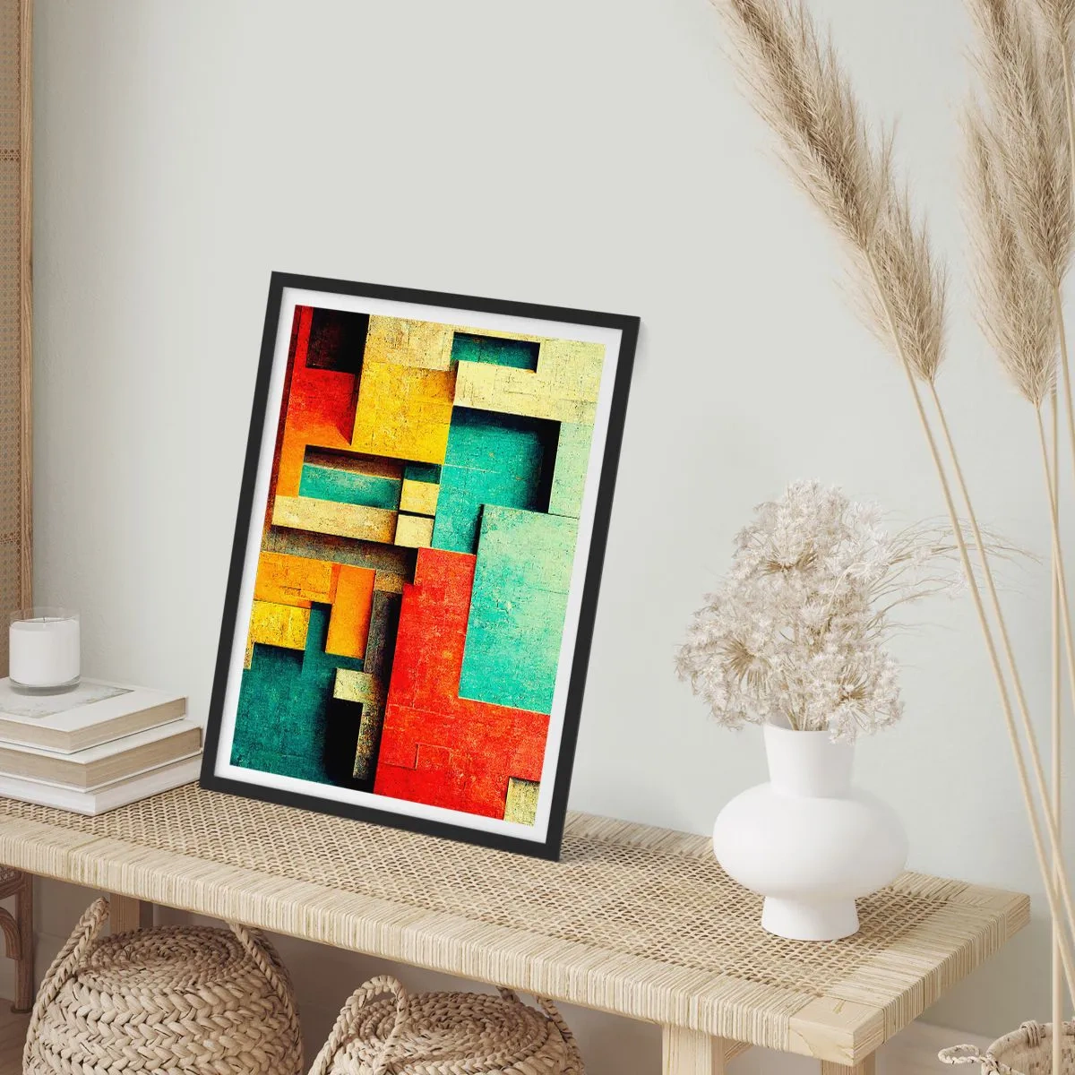 Poszter fehér keretben - Geometrikus absztrakció élénk színekben - 50x70cm - A derékszögek fesztiválja - Modern fali dekoráció nappalihoz és hálószobához ARTTOR