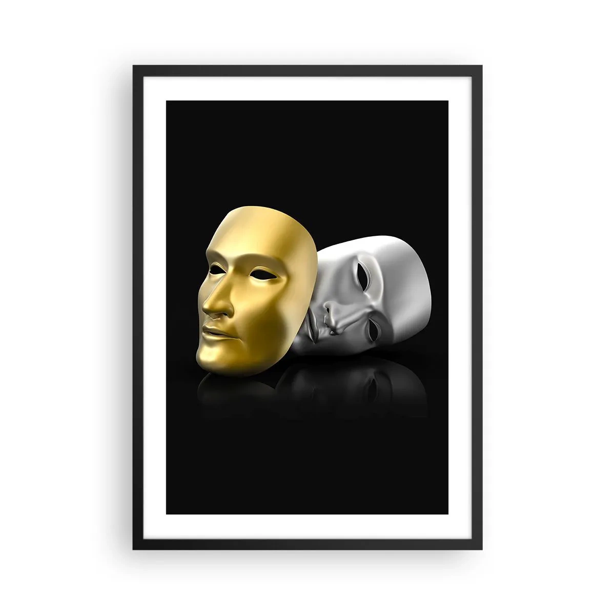 Poszter fehér keretben - Arany és ezüst maszk fekete alapon - 50x70cm - Az élet színház - Modern fali dekoráció nappalihoz és hálószobához ARTTOR
