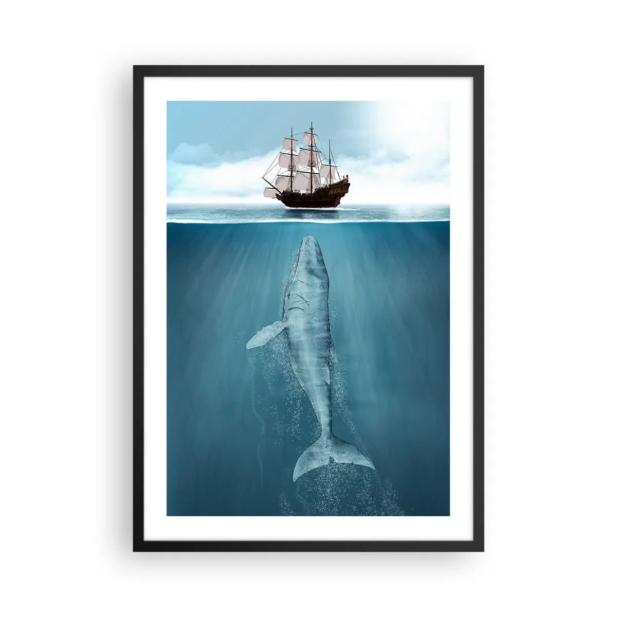 Poszter fehér keretben - Egy hajó a víz felszínén, alatta egy bálna, szürrealisztikus felvételen - 50x70cm - Jobb nem tudni - Modern fali dekoráció nappalihoz és hálószobához ARTTOR