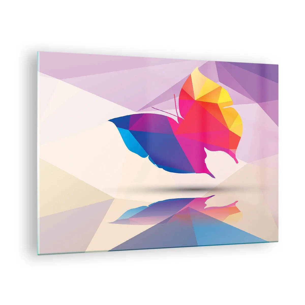 Üveg kép - Geometrikus pillangó élénk színes absztrakcióban - 70x50cm - Szivárvány pillangó - Modern fali dekoráció nappalihoz és hálószobához ARTTOR