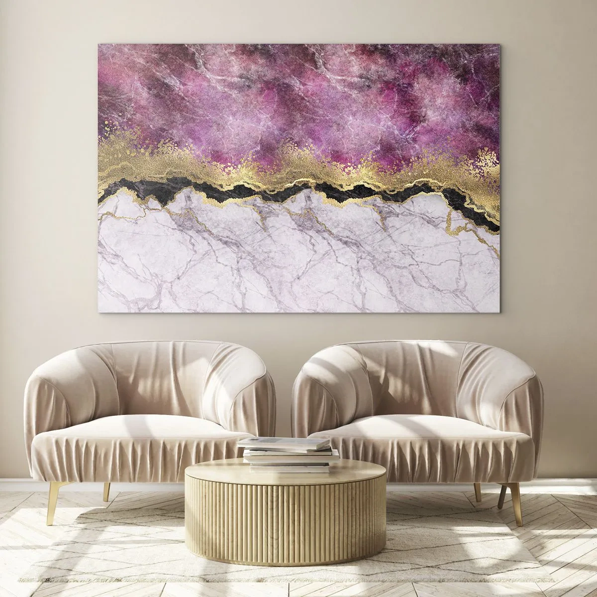Üveg kép - Absztrakt márvány kompozíció arany és lila díszítéssel - 70x50cm - A határon - Modern fali dekoráció nappalihoz és hálószobához ARTTOR
